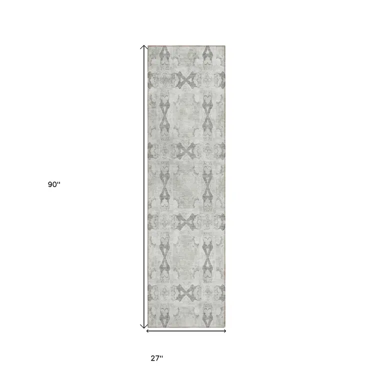 8' Runner Ivory and Gray Floral Medallion Washable Non Skid Indoor Outdoor Runner Rug