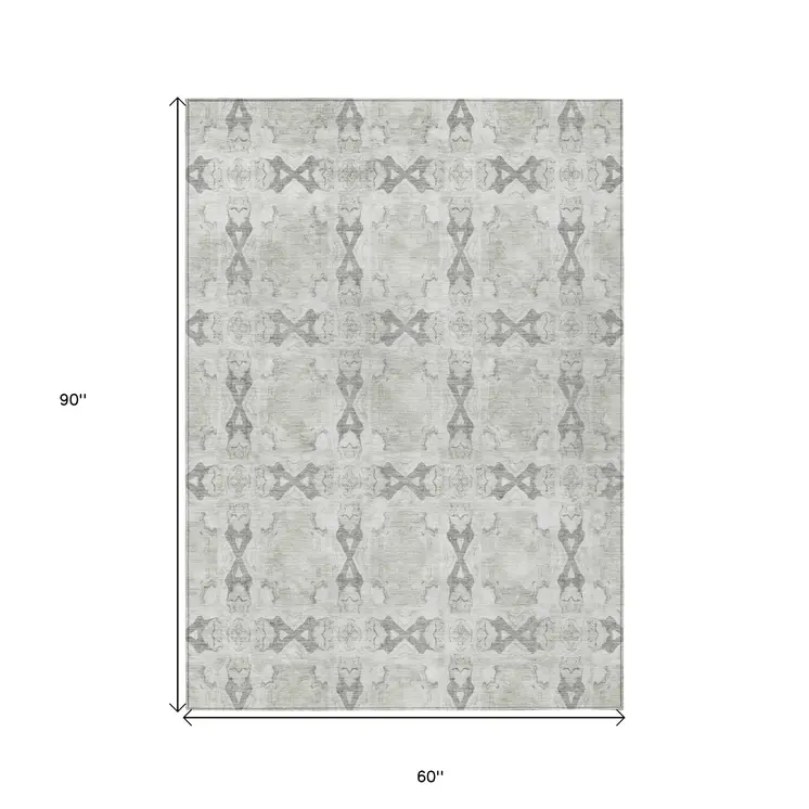 5' X 8' Ivory And Gray Floral Medallion Washable Indoor Outdoor Area Rug