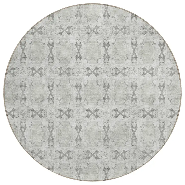 8' Round Ivory and Gray Round Floral Medallion Washable Non Skid Indoor Outdoor Area Rug