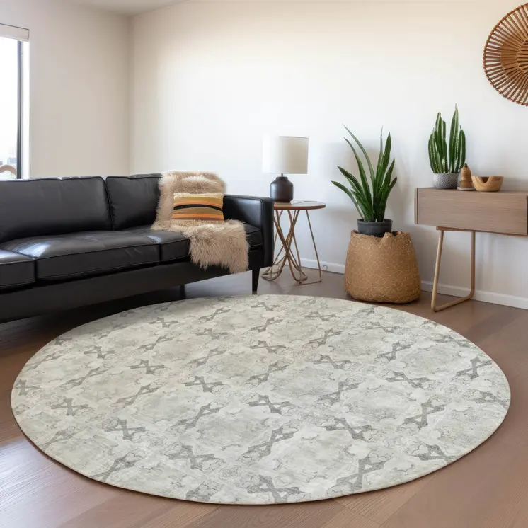 8' Round Ivory and Gray Round Floral Medallion Washable Non Skid Indoor Outdoor Area Rug