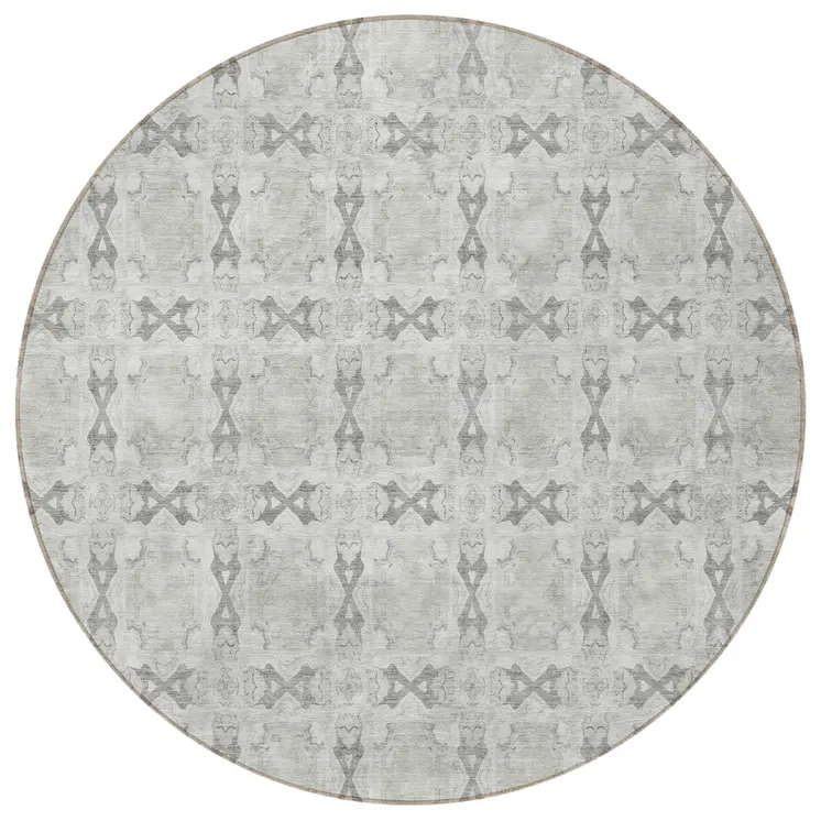 8' Round Ivory and Gray Round Floral Medallion Washable Non Skid Indoor Outdoor Area Rug