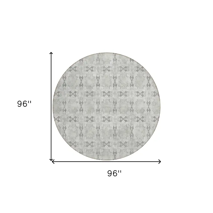 8' Round Ivory and Gray Round Floral Medallion Washable Non Skid Indoor Outdoor Area Rug
