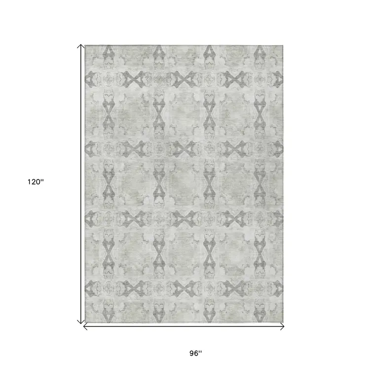 8' X 10' Ivory And Gray Floral Medallion Washable Indoor Outdoor Area Rug