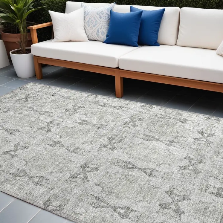 8' X 10' Ivory And Gray Floral Medallion Washable Indoor Outdoor Area Rug