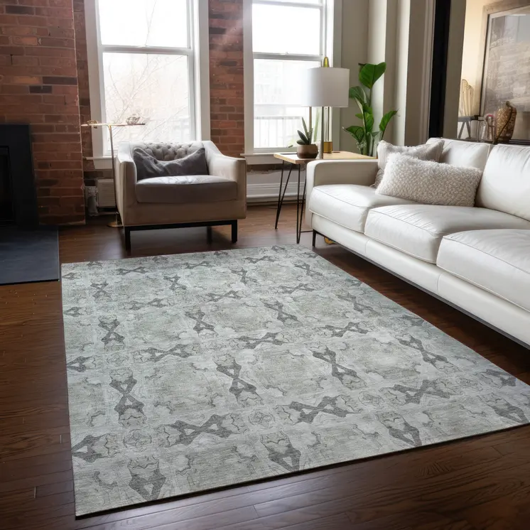 8' X 10' Ivory And Gray Floral Medallion Washable Indoor Outdoor Area Rug