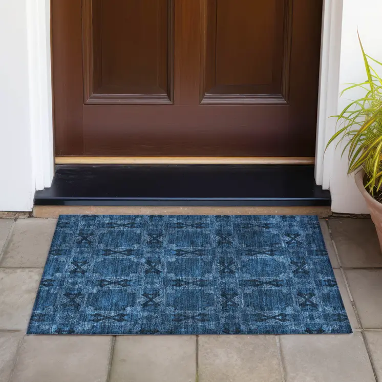 2' X 3' Navy and Gray Floral Medallion Washable Non Skid Indoor Outdoor Area Rug