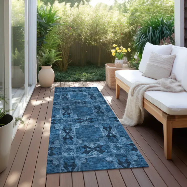 8' Gray Floral Medallion Washable Indoor Outdoor Runner Rug