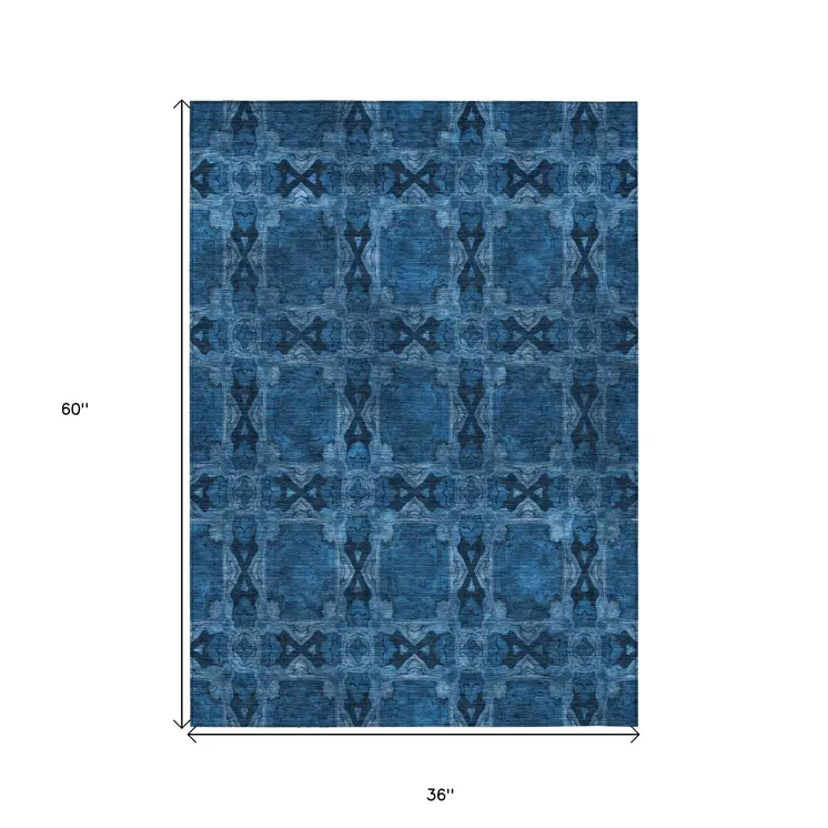 3' X 5' Navy and Gray Floral Medallion Washable Non Skid Indoor Outdoor Area Rug