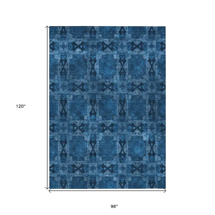 8' X 10' Navy and Gray Floral Medallion Washable Non Skid Indoor Outdoor Area Rug