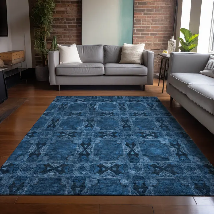 8' X 10' Navy and Gray Floral Medallion Washable Non Skid Indoor Outdoor Area Rug