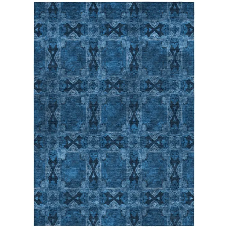 10' X 14' Navy and Gray Floral Medallion Washable Non Skid Indoor Outdoor Area Rug