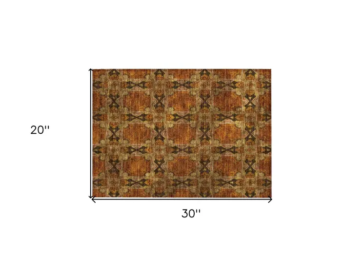 2' X 3' Orange and Rust Floral Medallion Washable Non Skid Indoor Outdoor Area Rug