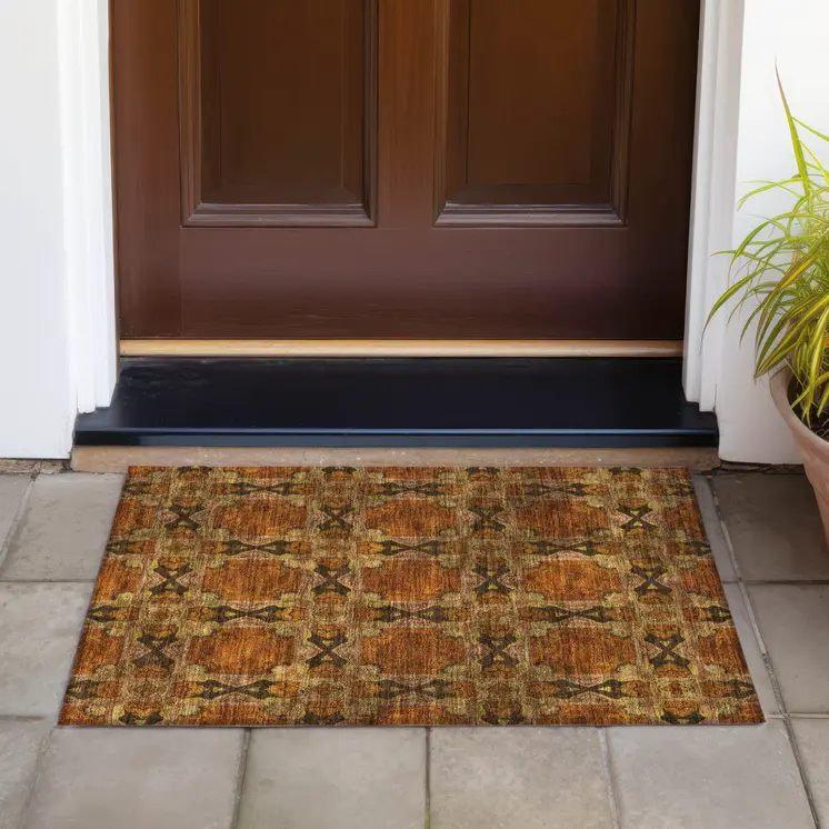 2' X 3' Orange and Rust Floral Medallion Washable Non Skid Indoor Outdoor Area Rug