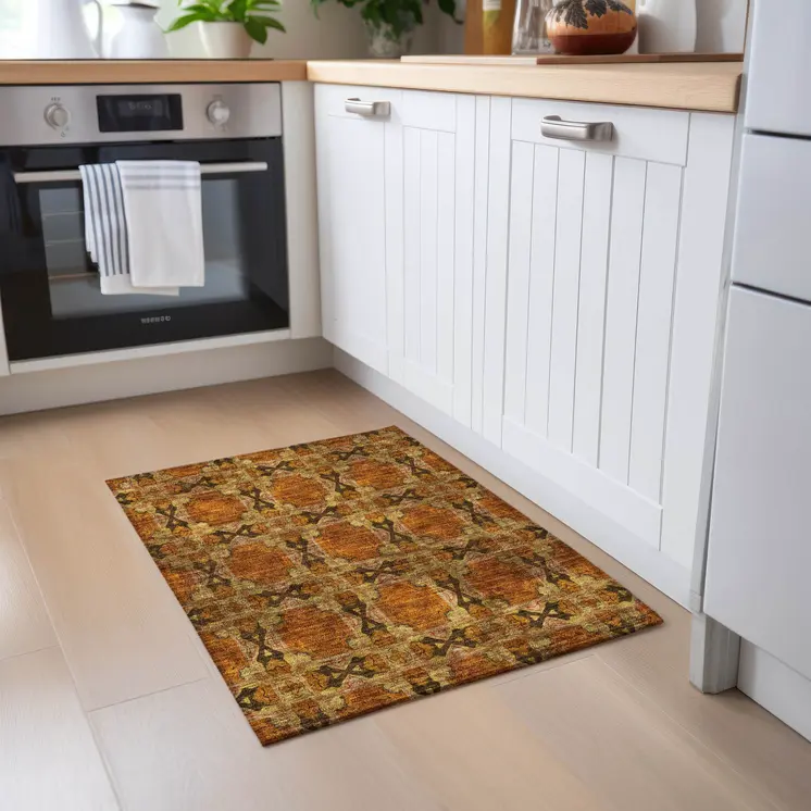 2' X 3' Orange and Rust Floral Medallion Washable Non Skid Indoor Outdoor Area Rug