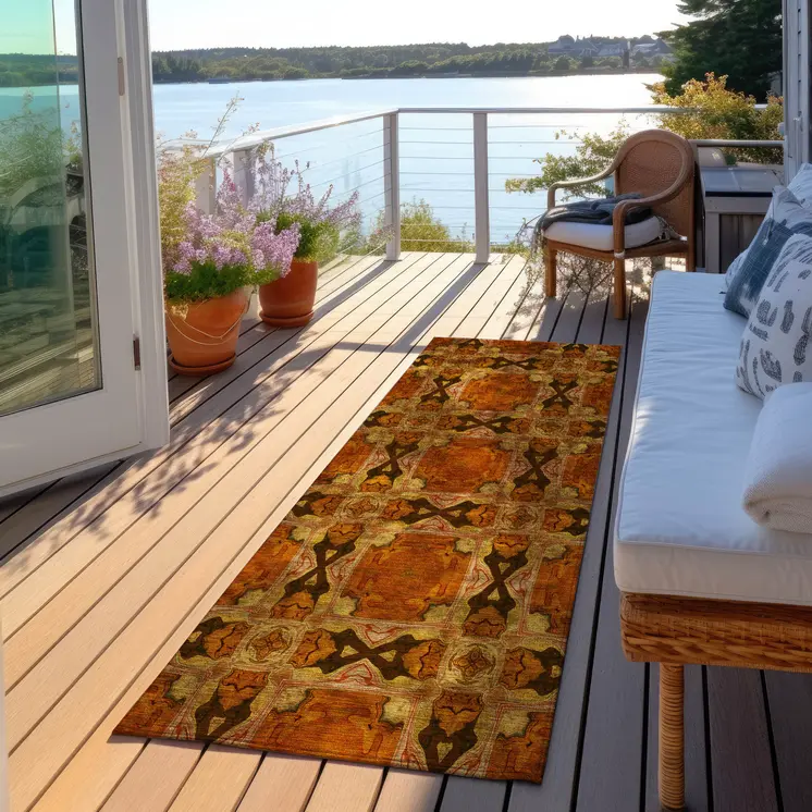 8' Runner Orange and Rust Floral Medallion Washable Non Skid Indoor Outdoor Runner Rug