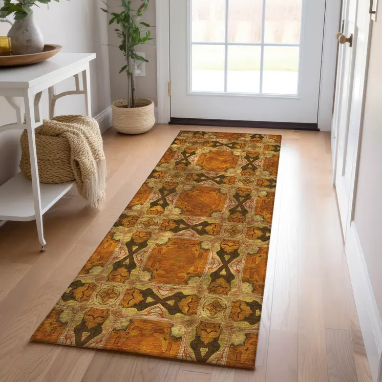 8' Runner Orange and Rust Floral Medallion Washable Non Skid Indoor Outdoor Runner Rug