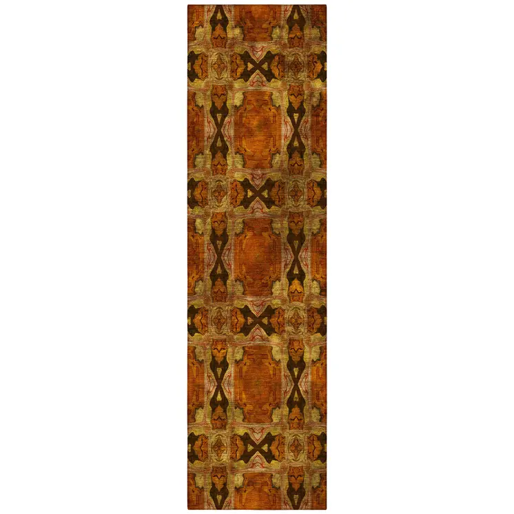 8' Runner Orange and Rust Floral Medallion Washable Non Skid Indoor Outdoor Runner Rug