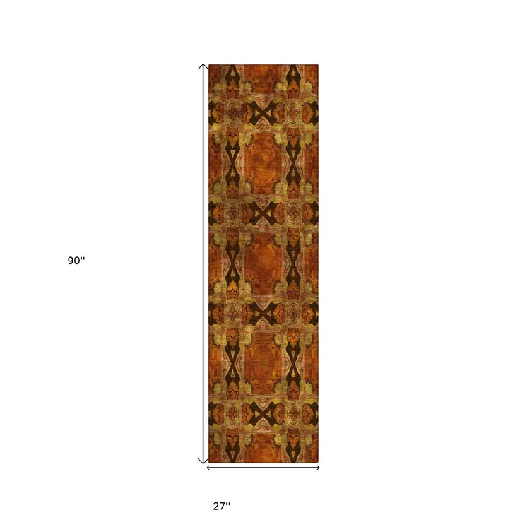 8' Runner Orange and Rust Floral Medallion Washable Non Skid Indoor Outdoor Runner Rug