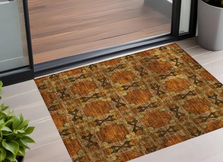 3' X 5' Orange and Rust Floral Medallion Washable Non Skid Indoor Outdoor Area Rug