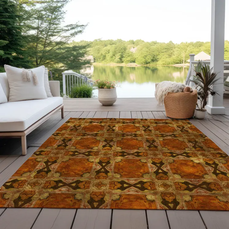 3' X 5' Orange and Rust Floral Medallion Washable Non Skid Indoor Outdoor Area Rug