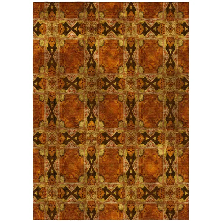 3' X 5' Orange and Rust Floral Medallion Washable Non Skid Indoor Outdoor Area Rug