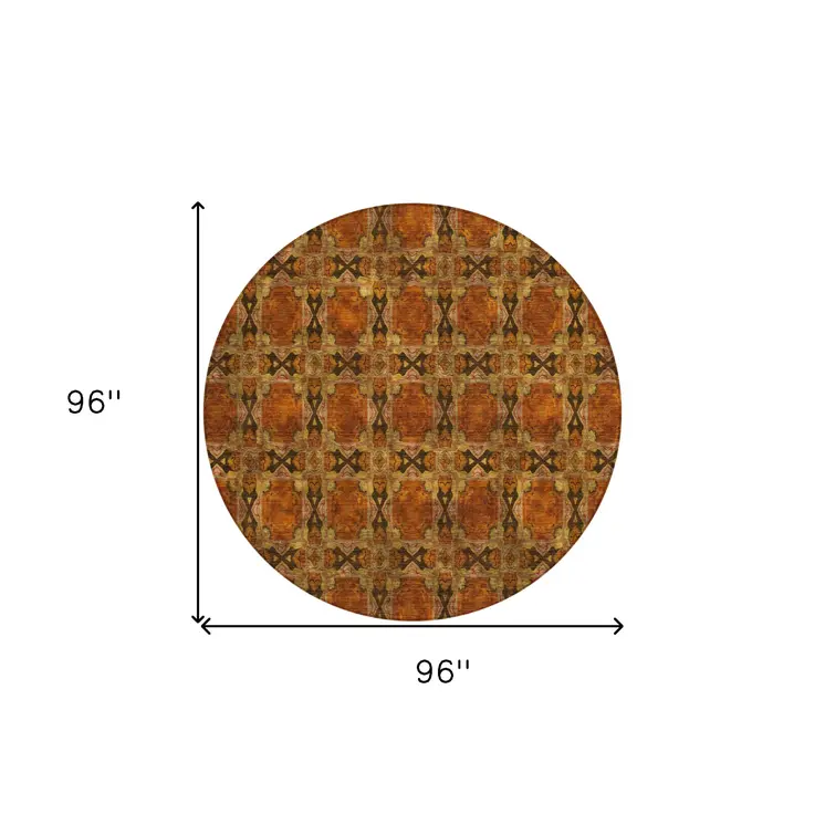 8' Round Orange and Rust Round Floral Medallion Washable Non Skid Indoor Outdoor Area Rug