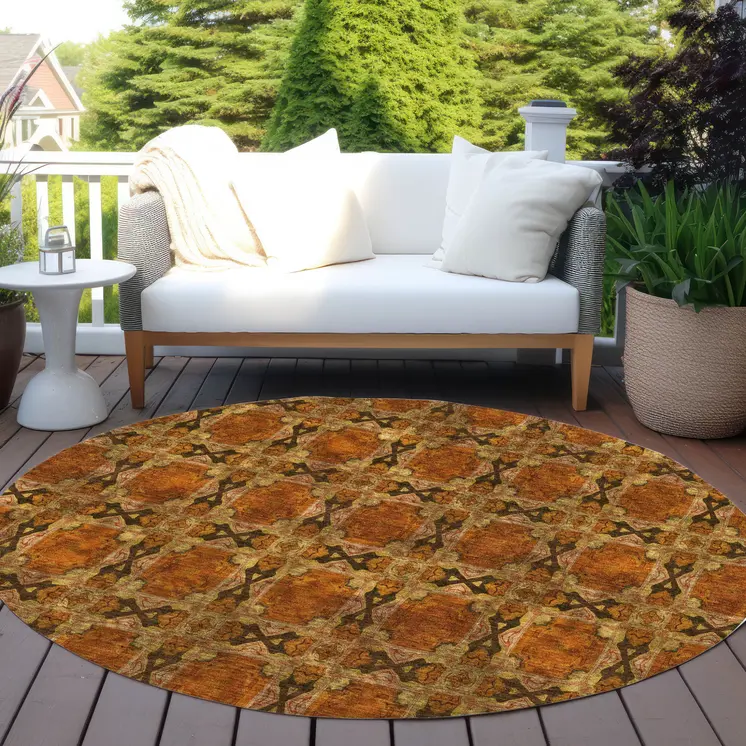 8' Round Orange and Rust Round Floral Medallion Washable Non Skid Indoor Outdoor Area Rug