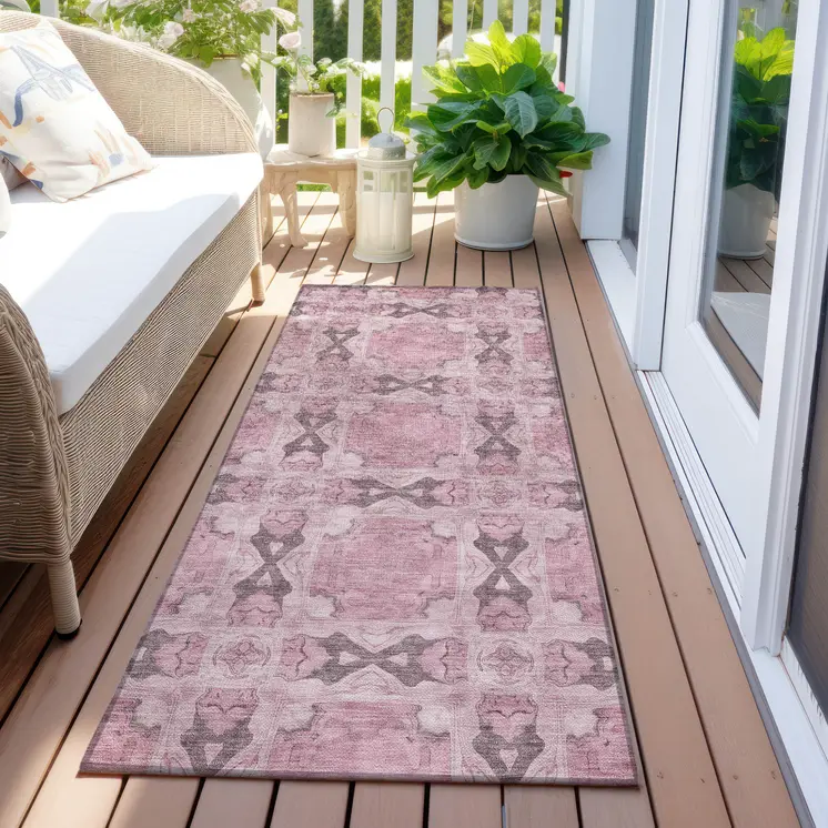 8' Runner Pink Floral Medallion Washable Non Skid Indoor Outdoor Runner Rug