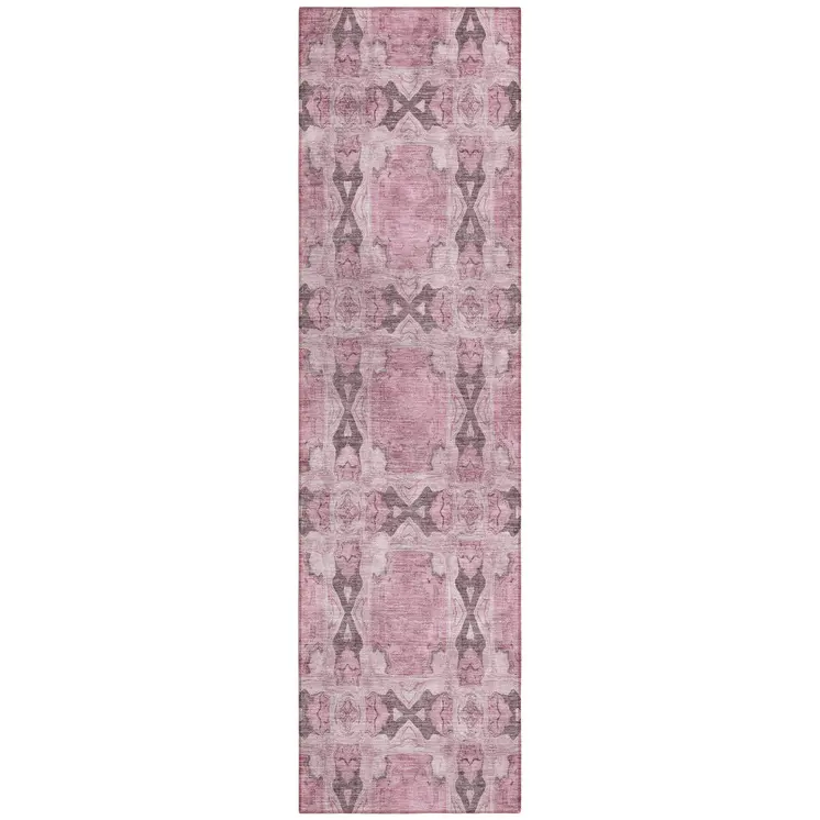 8' Runner Pink Floral Medallion Washable Non Skid Indoor Outdoor Runner Rug