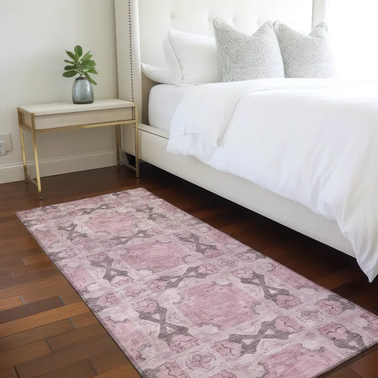 8' Runner Pink Floral Medallion Washable Non Skid Indoor Outdoor Runner Rug