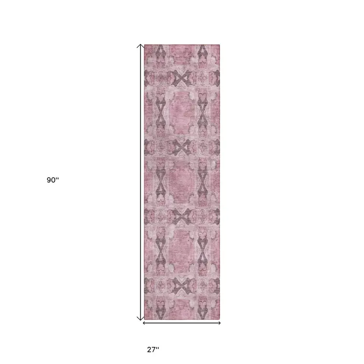 8' Runner Pink Floral Medallion Washable Non Skid Indoor Outdoor Runner Rug