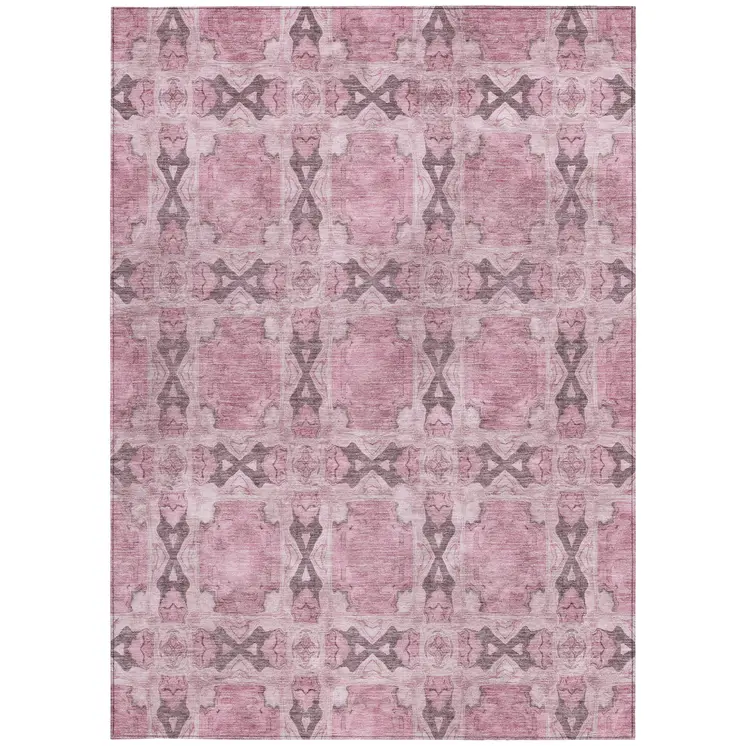 5' X 8' Pink Floral Medallion Washable Non Skid Indoor Outdoor Area Rug