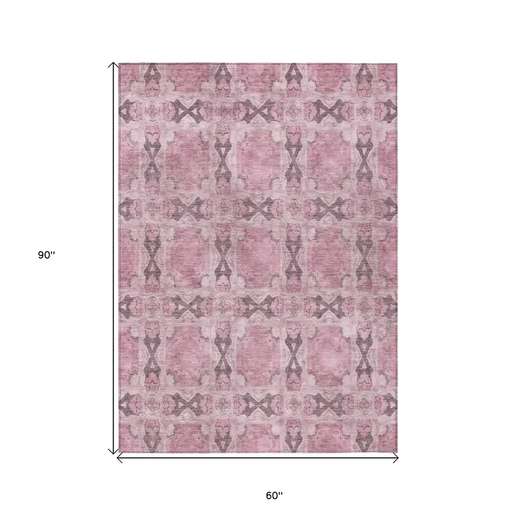 5' X 8' Pink Floral Medallion Washable Non Skid Indoor Outdoor Area Rug