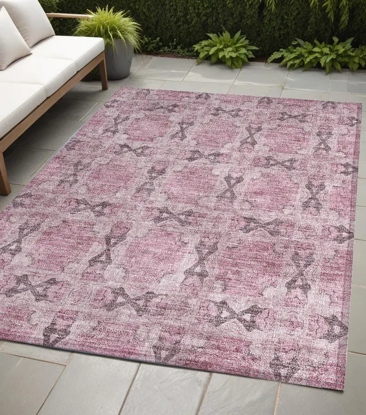 5' X 8' Pink Floral Medallion Washable Non Skid Indoor Outdoor Area Rug