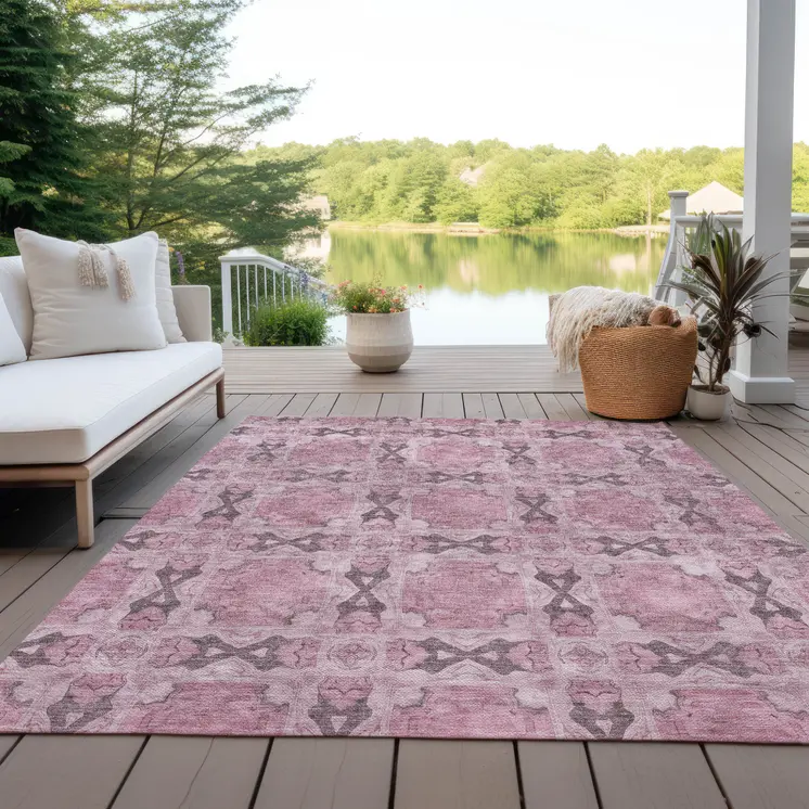 5' X 8' Pink Floral Medallion Washable Non Skid Indoor Outdoor Area Rug