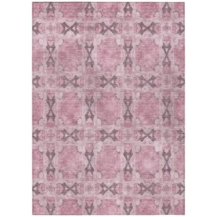 5' X 8' Pink Floral Medallion Washable Non Skid Indoor Outdoor Area Rug