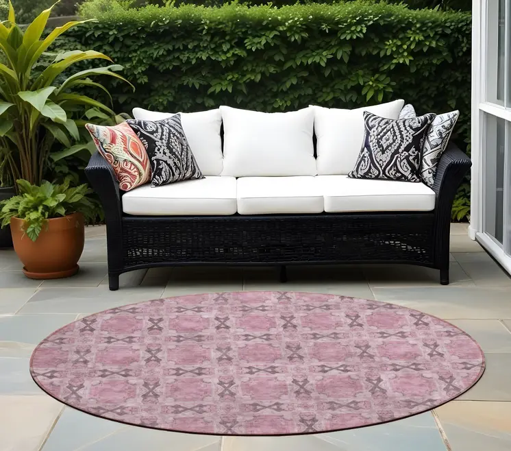 8' Round Pink Round Floral Medallion Washable Non Skid Indoor Outdoor Area Rug