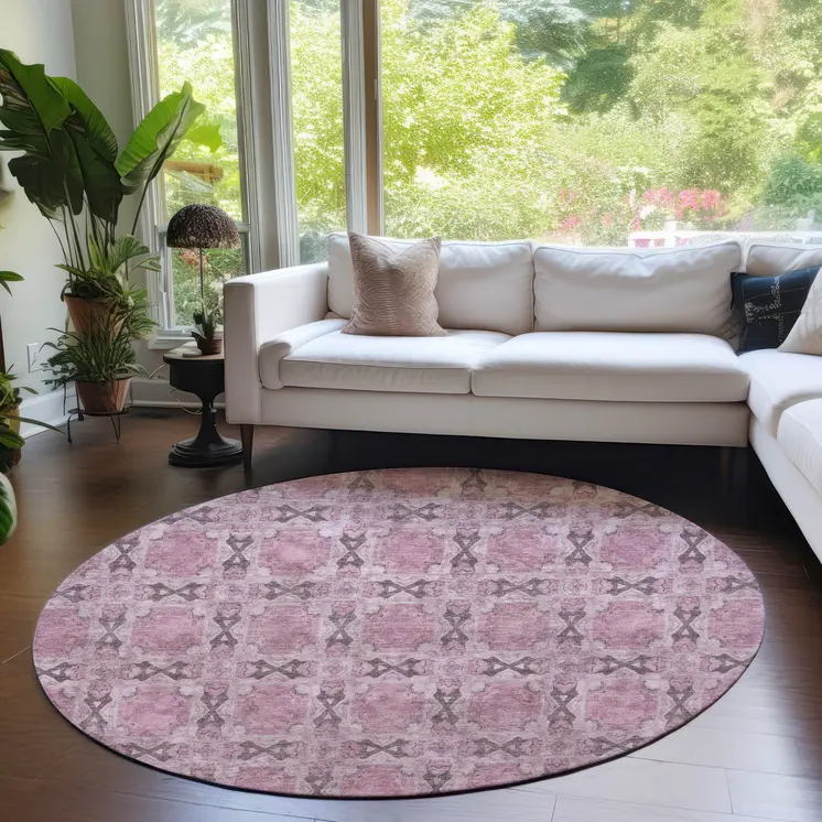 8' Round Pink Round Floral Medallion Washable Non Skid Indoor Outdoor Area Rug