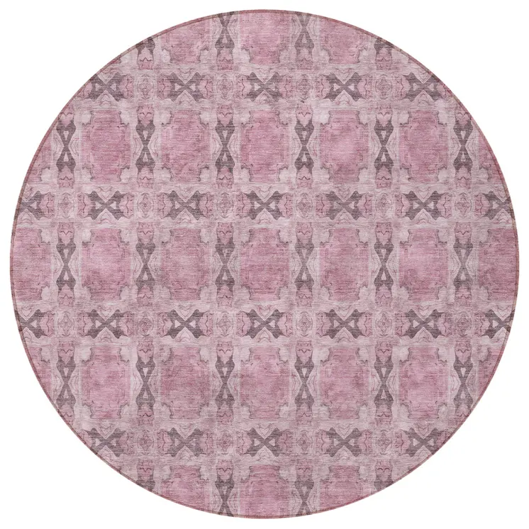 8' Round Pink Round Floral Medallion Washable Non Skid Indoor Outdoor Area Rug