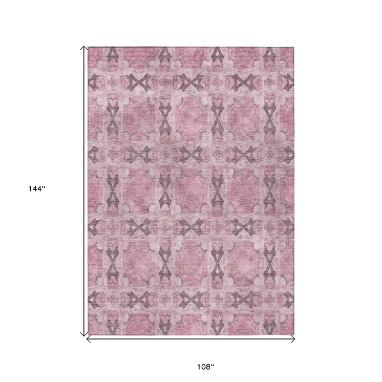 9' X 12' Pink Floral Medallion Washable Non Skid Indoor Outdoor Area Rug
