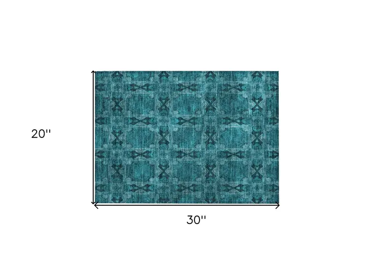 2' X 3' Teal Floral Medallion Washable Non Skid Indoor Outdoor Area Rug