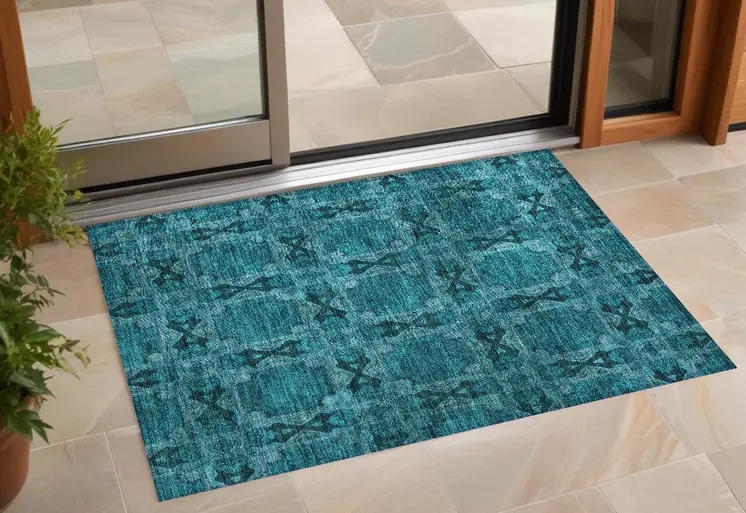 2' X 3' Teal Floral Medallion Washable Non Skid Indoor Outdoor Area Rug