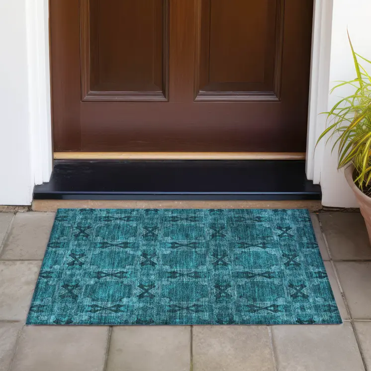 2' X 3' Teal Floral Medallion Washable Non Skid Indoor Outdoor Area Rug