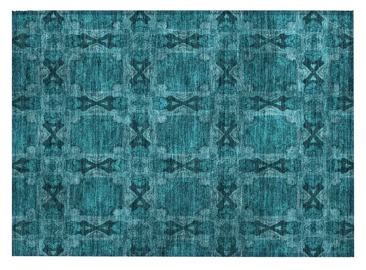 2' X 3' Teal Floral Medallion Washable Non Skid Indoor Outdoor Area Rug