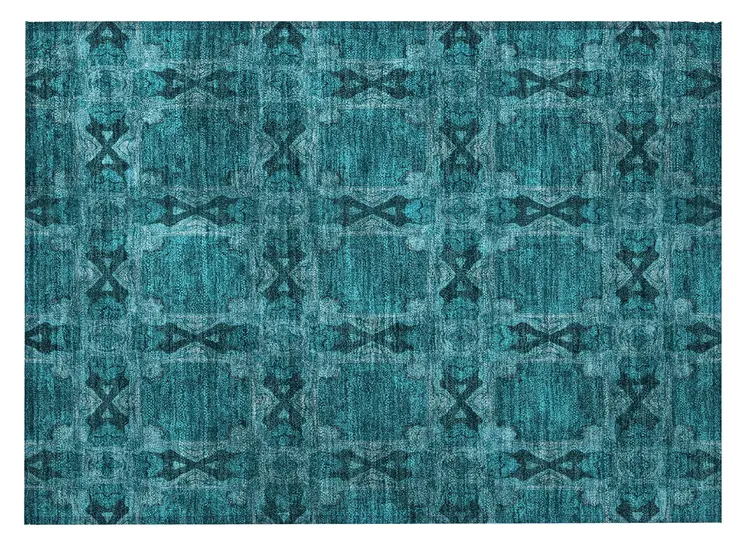 2' X 3' Teal Floral Medallion Washable Non Skid Indoor Outdoor Area Rug