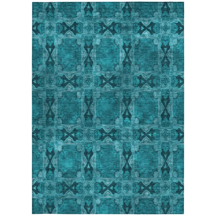 5' X 8' Teal Floral Medallion Washable Non Skid Indoor Outdoor Area Rug