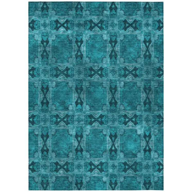 5' X 8' Teal Floral Medallion Washable Non Skid Indoor Outdoor Area Rug