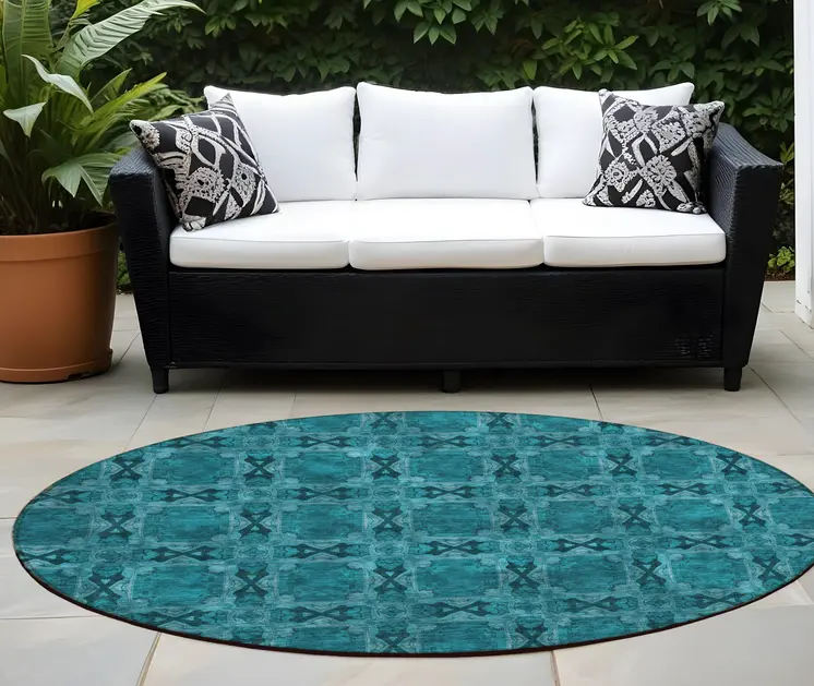 8' Round Teal Round Floral Medallion Washable Non Skid Indoor Outdoor Area Rug