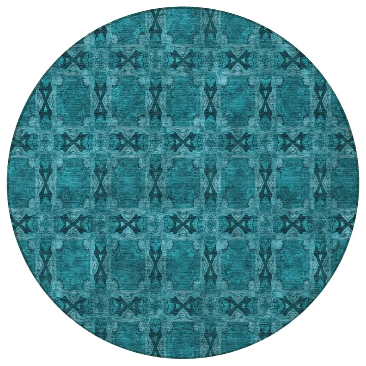 8' Round Teal Round Floral Medallion Washable Non Skid Indoor Outdoor Area Rug