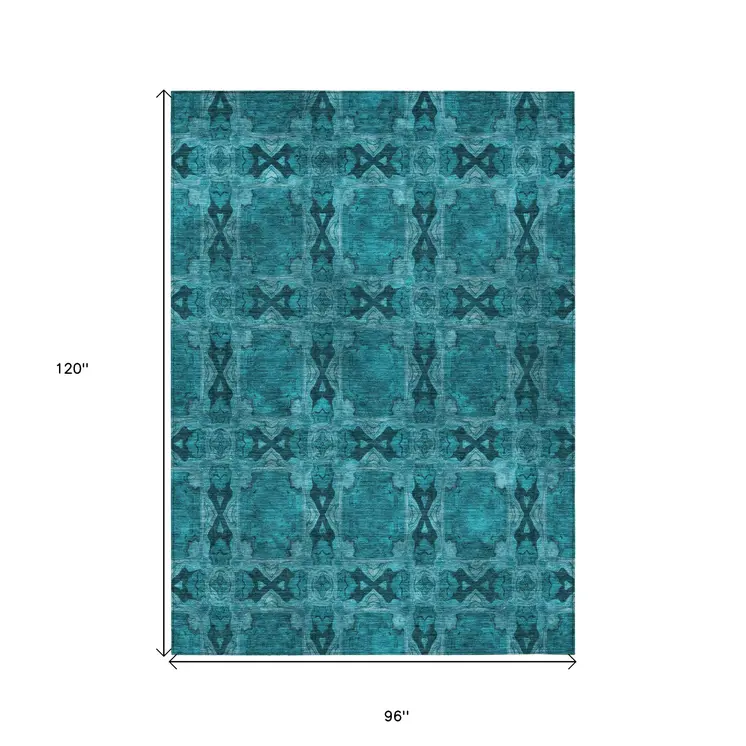 8' X 10' Teal Floral Medallion Washable Non Skid Indoor Outdoor Area Rug